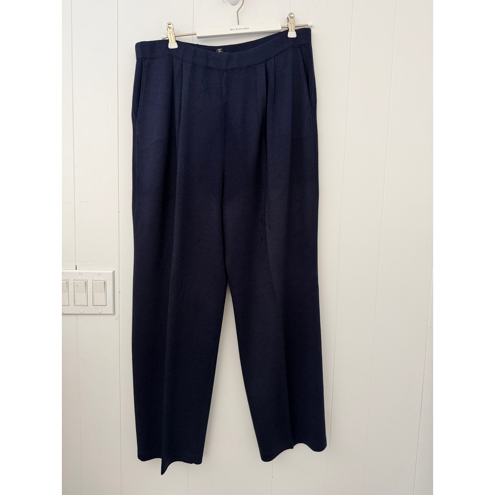 St. John Basics Navy Blue Santana Knit Pleated Straight Leg Pants Size 16